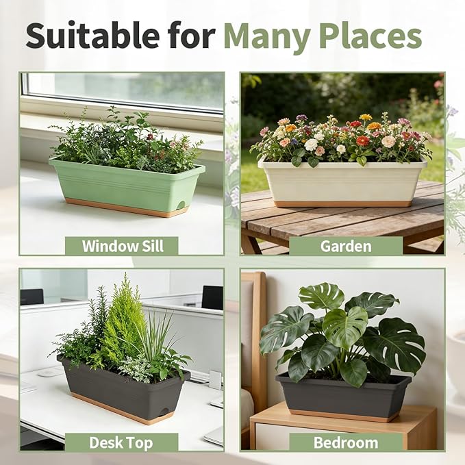 Window Box Planter, 6 Pack Plastic Vegetable Flower Window Planters Boxes 16 Inches Rectangular Flower Pots with Drainage Holes and Saucers (Mixcolor) LesOasis