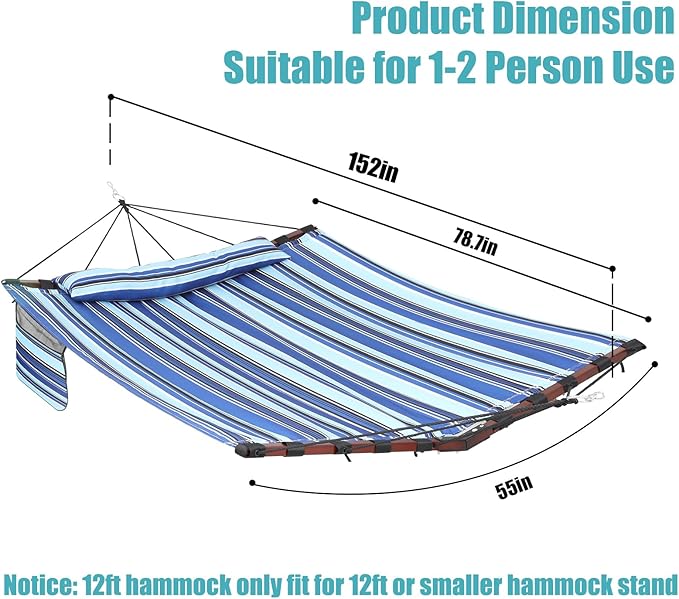 TegerDeger 12FT 2 Person Hammock Large Hammock 450LB Capacity with V Shaped Hardwood Spreader Bar & Nylon Rope for Outside, Patio, Garden, Backyard, Beach, Poolside - Blue Stripes Tegerdeger
