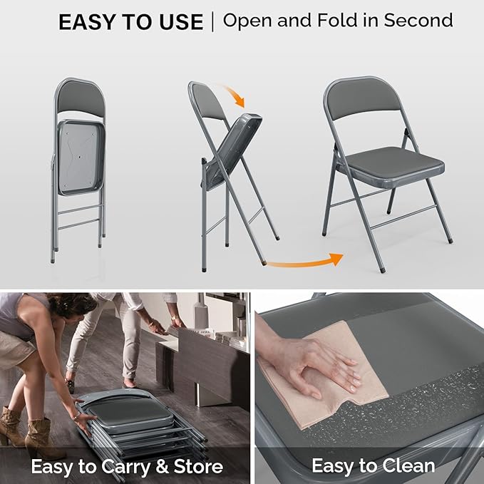 VINGLI 8 Pack Folding Chairs with Padded Seats, Metal Frame with Pu Leather Seat & Back, Capacity 350 lbs, Gray VINGLI