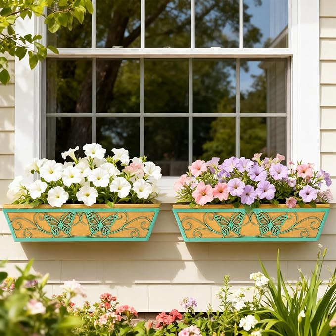 4 Pack 24 Inch Window Boxes Planter Railing Planters Box with Adjustable Brackets for Porch Deck Balcony Hanging Butterfly Decorative Flower Baskets & Non-Woven Fabric Liner for Outdoor Plants - Green KarlliuHOMEGARDEN