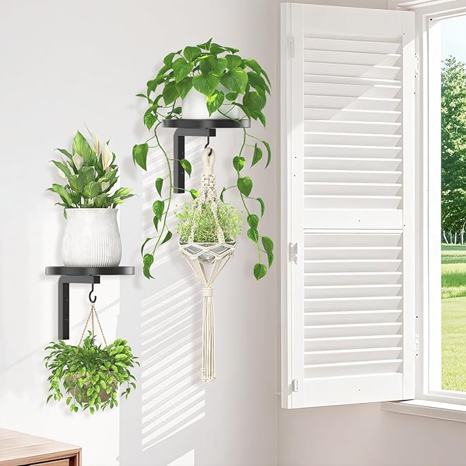 iDavosic.ly Wall Plant Holder Set of 2 for Indoor Outdoor, Metal Hanger with 2 Hooks, Floating Flower Display Stand for Window, Space Saving & Easy to Assemble (Pots/Chains/Plants Not Included), Black iDavosicly