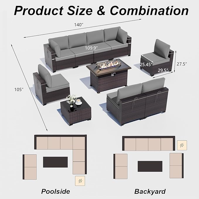 ALAULM 10 Pieces Patio Furniture Set with Propane Fire Pit Table Outdoor Sectional Sofa Sets Patio Furniture 43" Gas Fire Pit Brown PE Rattan Patio Conversation Set w/8 Seat Cushions (Grey) ALAULM