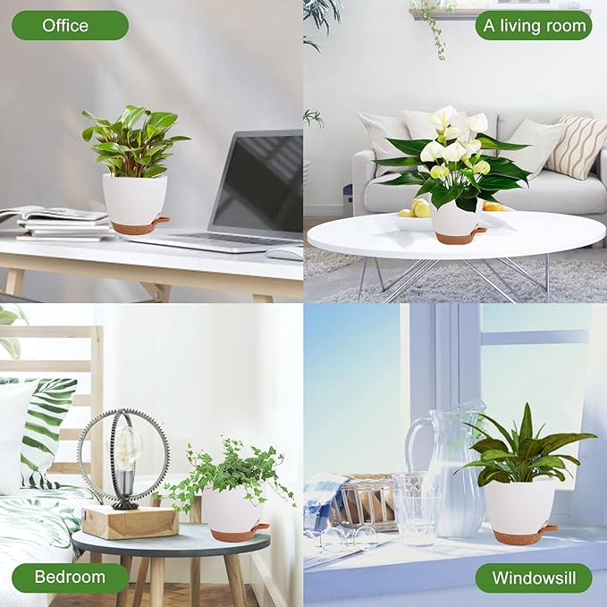 Flower Pots, 8/7/6.5/6/5.5/5 Inch Self Watering Planters for Indoor Outdoor Plants with Drainage Hole, Plastic Planters for House Plants(White) Vanslogreen