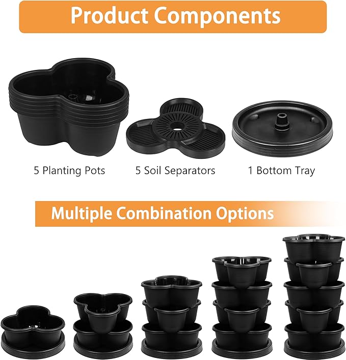 VECELO 5 Tier Vertical Garden Planter, Self Watering Stackable Planters with Wheels for Strawberries, Herbs, Flowers, Vegetables, Black VECELO