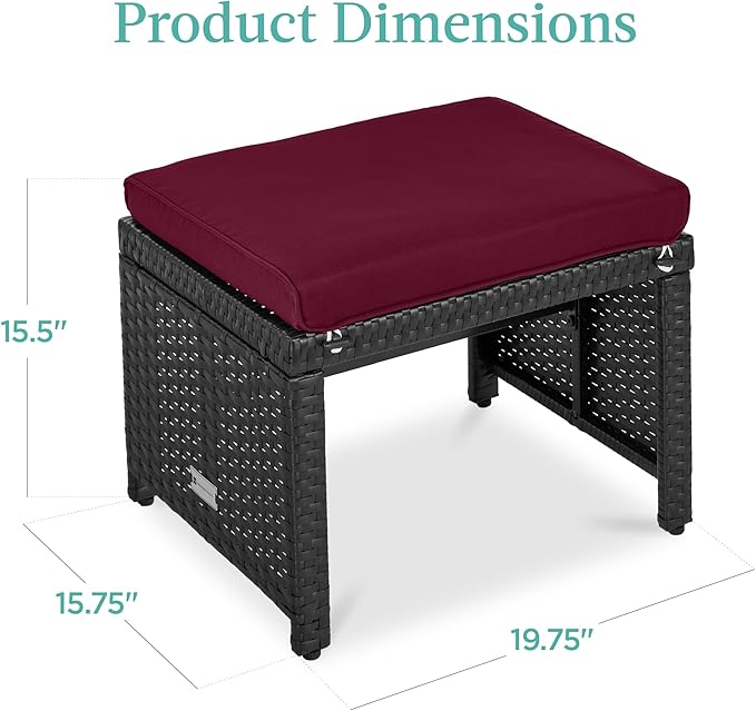 Best Choice Products Set of 2 Wicker Ottomans, Multipurpose Outdoor Furniture for Patio, Backyard, Additional Seating, Footrest, Side Table w/Removable Cushions, Steel Frame - Deep Burgundy/Black BestChoiceProducts