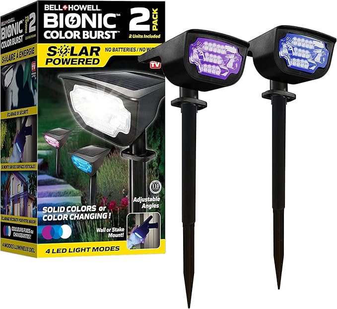 Bell+Howell Solar Lights Outdoor Bionic Burst Waterproof IP67 Path Lights, Landscape Outdoor Solar Lights for Yard Auto On/Off LED Bulbs, Wireless, Multicolor, Adjustable Light 2 Pieces BellHowell