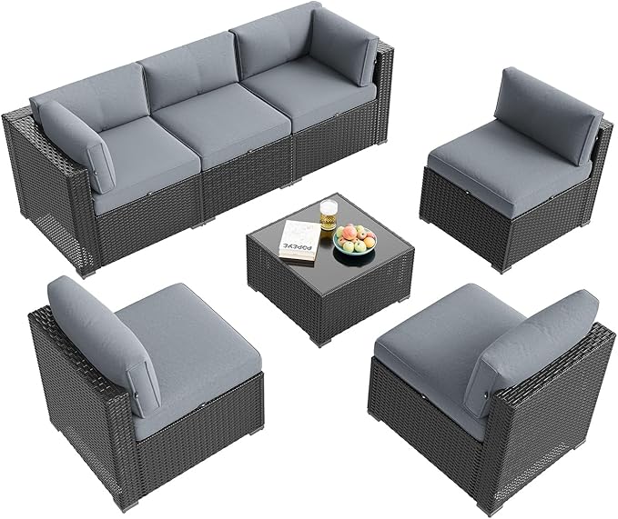 Aoxun Patio Furniture Set, 7 Piece Outdoor Sectional Sofas with Waterproof Cover, Wicker Rattan Outdoor Furniture Patio Conversation Set for Backyard, Garden Light Grey Aoxun