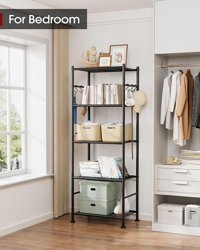 Storage Shelves - 5-Tier Large Capacity Shelf Organizer with Hooks, Heavy-Duty Garage Shelving with Leveling Feet, Wobble-Free Rack for Bedroom, Balcony, Garage, 18.1"×12.4"×56.8", Black Sakugi