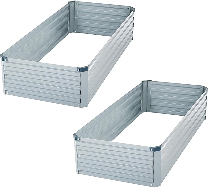 2 Pack 4x2x1FT Galvanized Raised Garden Bed Kit, Outdoor Metal Planter Box for Vegetables, Bottomless Rectangular Gardening Bed with Support Rods, Tool-Free Assembly, Gray Meberam
