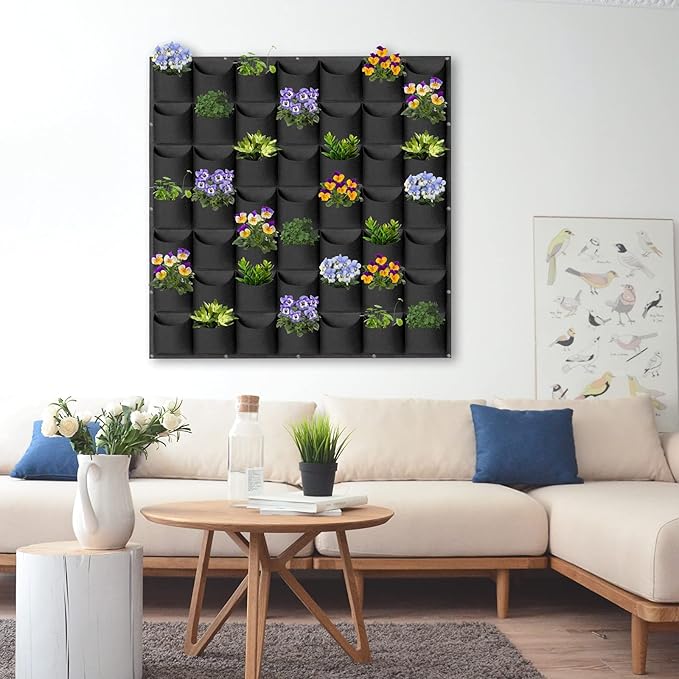 49 Pockets Hanging Planter Bags, Hanging Vertical Wall Mounted Plant Planting Grow Bags, Herb Garden Planter Outdoor Indoor Growing Bag, Gardening Vertical Greening Flower Container(1m×1m, Black) Pehciroe