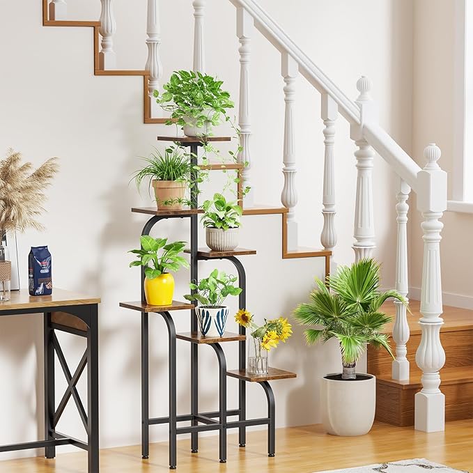 6 Tier Plant Stand Indoor, Plant Shelf for Multiple Plants, Flower Pot Holder Shelf, Planter Display Rack for Patio Garden Balcony Living Room Bedroom Decor, Rustic Brown Asgolion