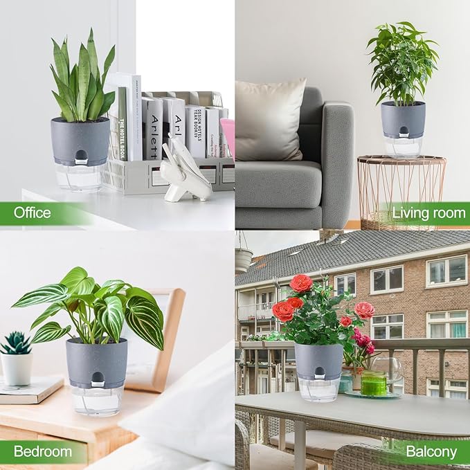 6 Inch Self Watering Pots for Indoor Plants, 6 Pack Grey Plastic Flower Pots with Drainage Holes for African Voilet Herbs All House Plants (Include 1 Spray Bottle) Oliz