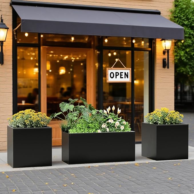 Metal Large Planter Box 20" L x 20" W x 20" H, Heavy Duty Tall Rectangle Outdoor Planter Box with Removable Insert Shelves for Porch, Garden, Patio, Yard (Black) Baotree