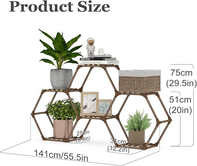 Tikea Plant Stand Indoor Hexagonal Plant Stand for Multiple Plants Indoor Outdoor Large Wooden Plant Shelf Creative DIY 6 Tiered Flowers Stand Rack for Living Room Balcony Patio Window Tikea