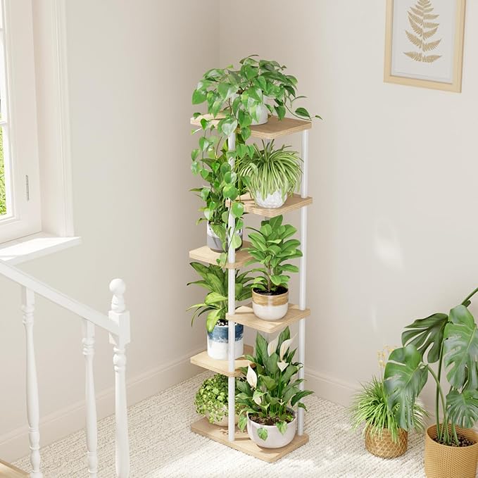 Bamworld Tall Plant Stand Indoor 6 Tier Plant Shelf for Multiple Plants, Tiered Flower Pot Stands for Patio Garden Balcony Living Room Bedroom, White Bamworld