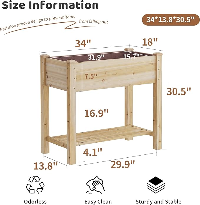 FILWH Raised Garden Bed with Legs Elevated Wooden Planter Box Stand Large Planter Stand Box for Fruits Vegetables Flowers with Divider with Bag - 34x18x30.5IN FILWH