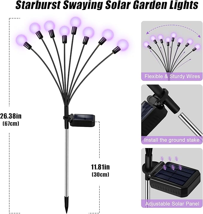 Solar Garden Lights 16 LEDs, Purple, 2 Pack 8 Heads, Outdoor Waterproof, Swaying Firefly Lights for Yard, Patio, Pathway, Lawn Decorations ZFNN