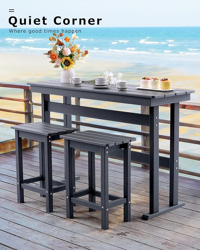 3 Piece HDPE Outdoor Bar Height Table and Chairs Set of 2 Includes High Top Patio Table and Chairs, Outside Patio Bar Set for Bistro,Balcony,Backyard,Poolside (Grey, 3 Piece) Rootora