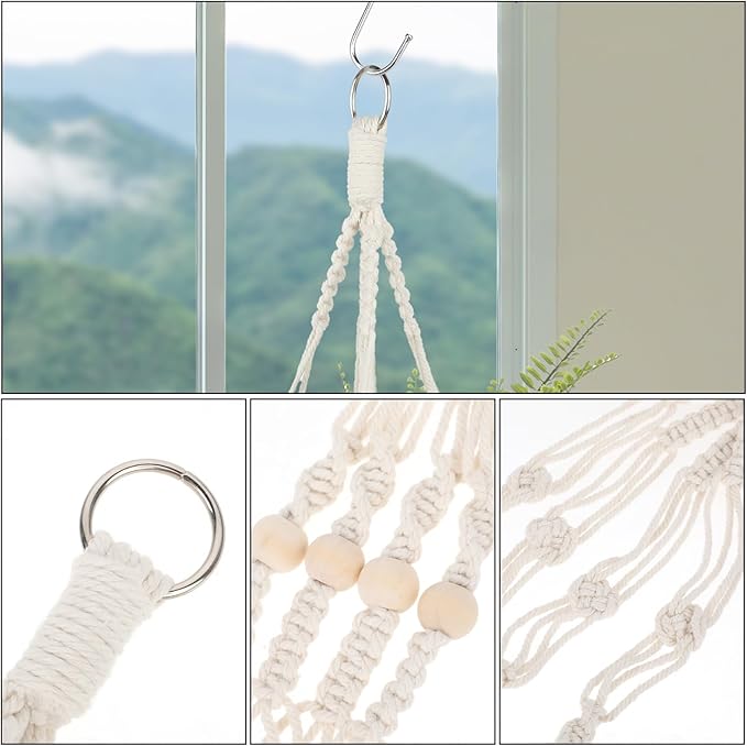 Macrame Plant Hanger Indoor, 2 Pack Boho Decor Hanging Plant Holder Hanging Planters for Indoor Plants Window Plant Hanger Flower Pot Hanging Basket with Wood Beads and Metal Hook Rings Ivory 20 Inch Sliverdew