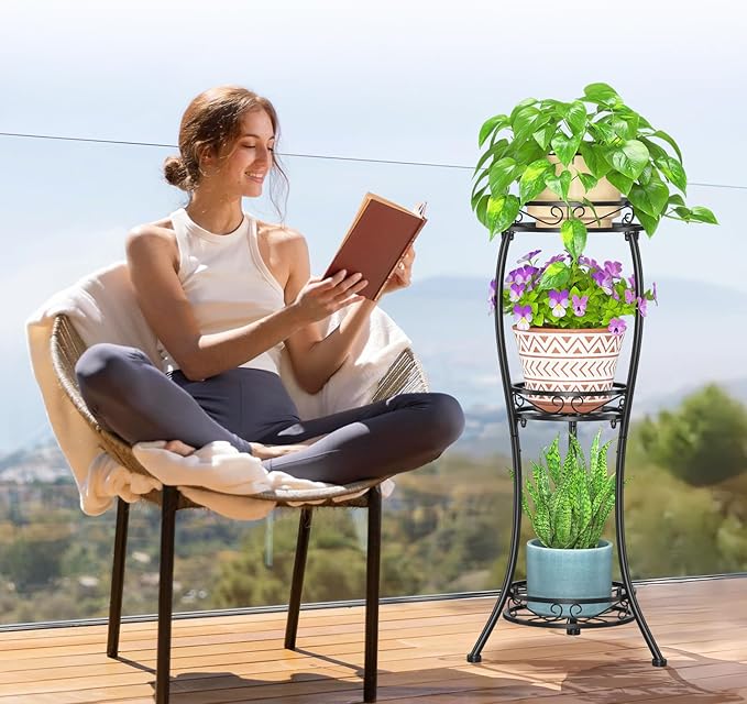 LASZOLA Black 3 Tier Tall Plant Stand for Indoor Outdoor, Large Multiple Level Flower Planter Holder Organizer Rack for Patio Office Bathroom Corner Floor, Sturdy Heavy Duty Metal, Vertical Display LASZOLA