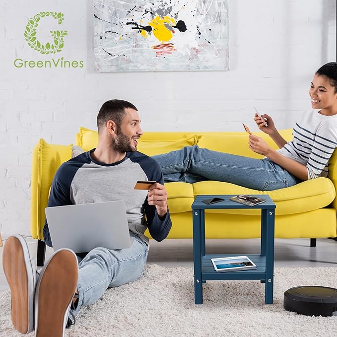 GREENVINES Outdoor Rocking Chair Set | 3-Piece | 2 Rocking Chairs with 1 Side Table | Porch Rocker | HDPE Plastic | Blue | Patio Furniture Sets | High Back | Big & Tall | Ladder Back GreenVines