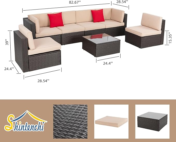 Shintenchi 7 Pieces Patio Furniture Sets Outdoor All-Weather Sectional Patio Sofa Set PE Rattan Manual Weaving Wicker Patio Conversation Set with Glass Table&Ottoman Cushion and Red Pillows, Beige Shintenchi