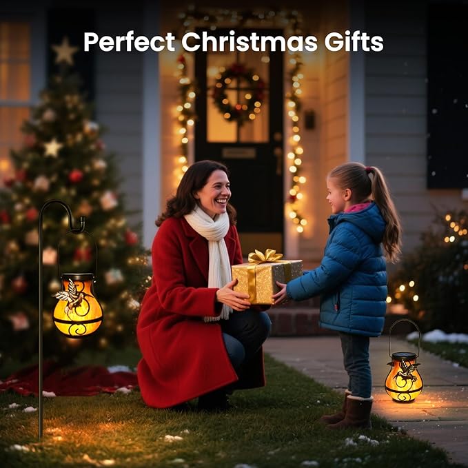 2 Pack Solar Lanterns Outdoor Waterproof, Hanging Hummingbird Flickering Flame Light Garden Decor Hanging Lights Decorative for Outside Patio Pathway Yard Christmas Birthday Gifts Rootora