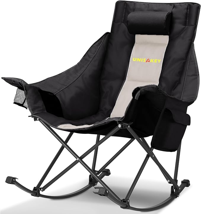 Oversized Rocking Camping Chair with Headrest & Cup Holder - 400lbs Capacity, 600D Oxford Fabric, Easy Fold Portable Outdoor Rocker Chair for Camping, Backyard, Beach, Light Gray Rootora