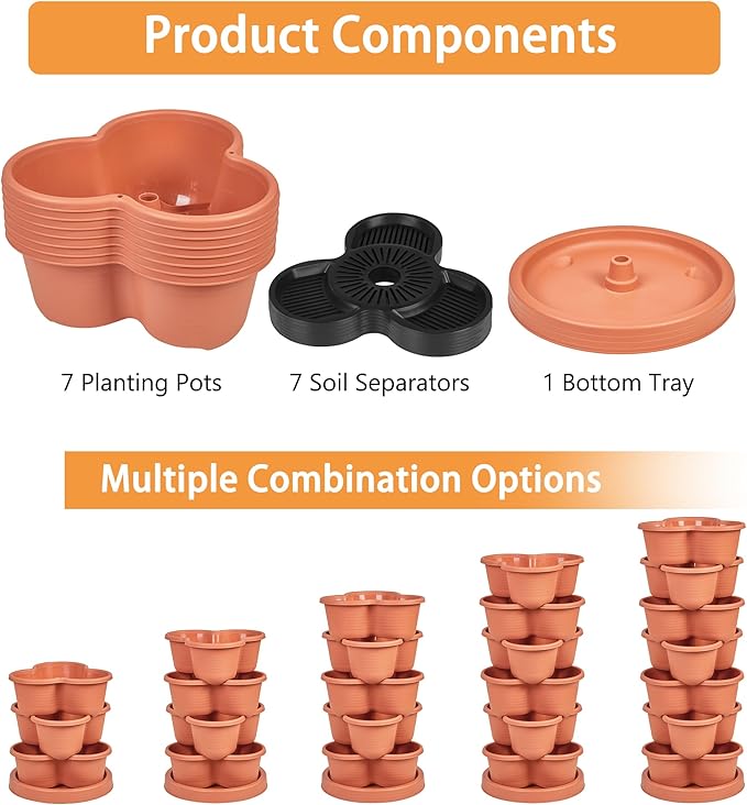 VECELO 7 Tier Vertical Garden Planter, Self Watering Stackable Planters with Wheels for Strawberries, Herbs, Flowers, Vegetables, Red VECELO