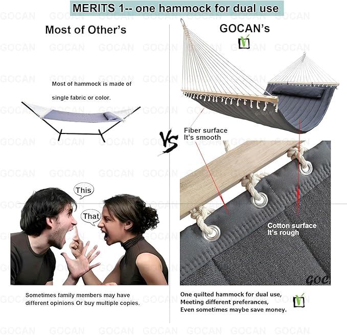 Quilted Fabric Double Hammock Won't flip with Stand and Spreader Bars,Safer and Sturdier,Quality Hammocks for Outdoor Indoor Patio Yard Two Sided Dual use Deep Grey GOCAN