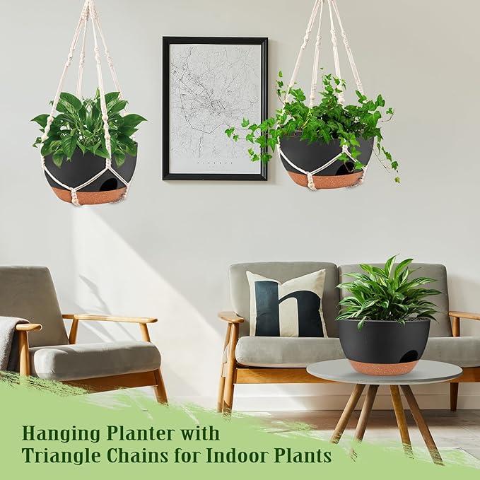Hanging Planters for Outdoor Indoor Plants, 2 Pack 12 Inch Hanging Basket Plants Outdoor, Self Watering Hanging Planter with Plant Hanger for Garden Home Decoration (2 Type Plant Hangers Black) Lucieblessdesign