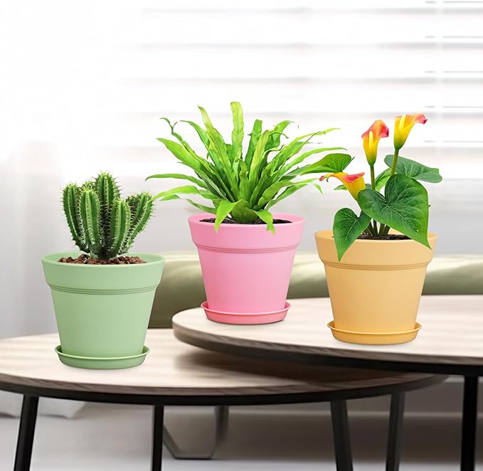 4 inch Small Plastic Nursery Pots,16 Pack Plant Pots for Indoor Outdoor Plants, Flower Pots with Drainage Holes and Saucers, Decorative Seeding Starter Planters for House Plants, Colorful Meowell