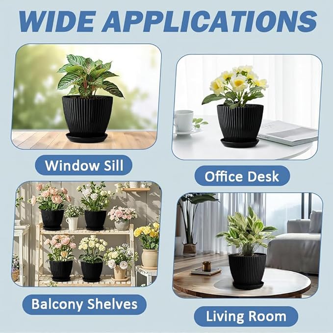 7.5 Inch Black Thickened Plastic Plant Pots with Saucers, 6-Pack Modern Seedling Planters for Indoor Outdoor Plants, Durable Heavy-Duty PP Material for Herbs Flowers Vegetables (<8 inch) RooTrimmer