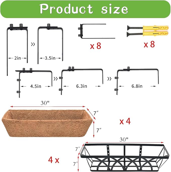 Window Deck Railing Planters Boxes with Coconut Liner, The Bottom Flat Window Boxes Planters Flower Boxes Metal Black Balcony Planter Railing Hanging for Outdoor Fence Porch Patio Lawn(4Pcs 30 Inch) EIMQUVW