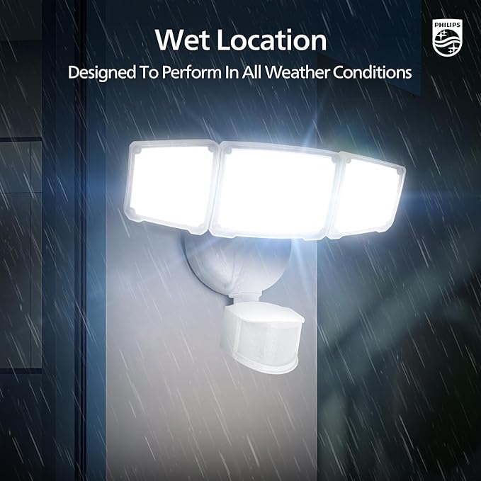 Philips 72W 7400LM LED Security Lights w/PIR Motion Sensor Outdoor, 5000K Daylight Dusk to Dawn Aluminum Flood Light, 3 Adjustable Heads, Waterproof for Garage, Yard, Porch PhilipsLightingLED