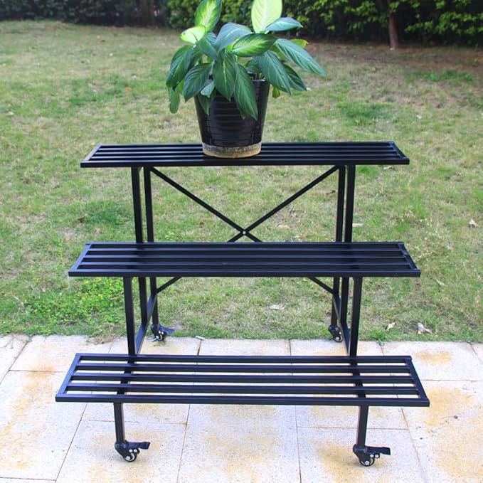 Zhongma 3 Tier Sturdy Metal Plant Stand with Wheels, L35.43 x W26 x H26 inch, Heavy Duty Plant Holder for Home Indoor and Outdoor, 660 LBS Capacity & Heavy Duty Construction Zhongma