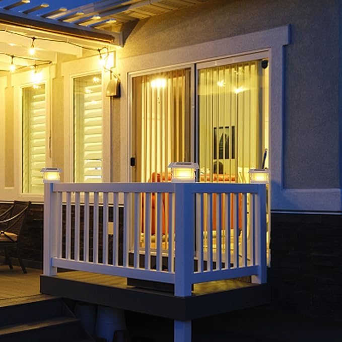 Dynaming 6 Pack Solar Post Cap Lights Outdoor, White Shell Fence Post Solar Lights Fit for 4x4 5x5 Vinyl/Wooden Posts, High Brightness Warm White SMD LED Lighting Decor for Garden Deck Patio Dynaming