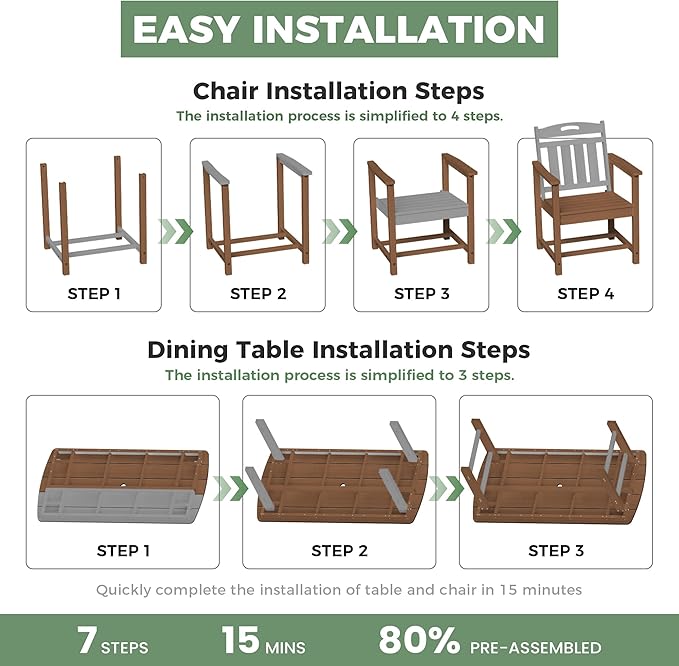 HDPE Outdoor Dining Set, Patio Table and Chairs Set, All-Weather 7-Piece Outside Table and 6 Chairs, 2" Umbrella Hole, Outdoor Furniture for Garden, Poolside, Backyard, Deck | Teak Suunyn