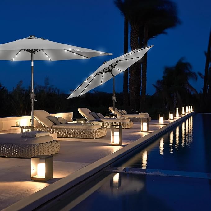 Blissun 9 ft Solar Umbrella, Patio Umbrella with 32 LED Lights, Table Market Umbrella, Outdoor Umbrella for Garden, Deck, Backyard (Light Grey) Blissun