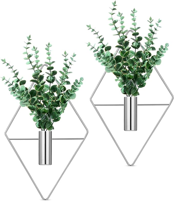 2 Pieces Wall Decor Hanging Planters with Artificial Plants Metal Hanging Vase Indoor Plants Holder Modern Boho Wall Art for Bathroom Bedroom Living Room Decor(Silver, Eucalyptus) Canlierr