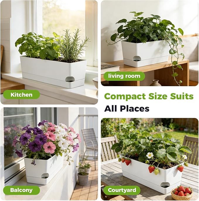 4 Pack Self Watering Pots for Indoor Plants 17 Inches Window Boxes Planters Rectangular Flower Pots Rectangle Herb Pots Large Plant Pots with Drainage Holes and Saucers Windowsill Planter, White KvyusFlourish