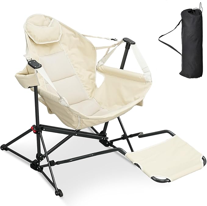 Ainfox Hammock Camping Chair with Footrest, Foldable Portable Rocking Chairs for Adults Outside Swinging Camp with Cup Holder Pillow for Outdoor Patio Poolside (Beige) Ainfox