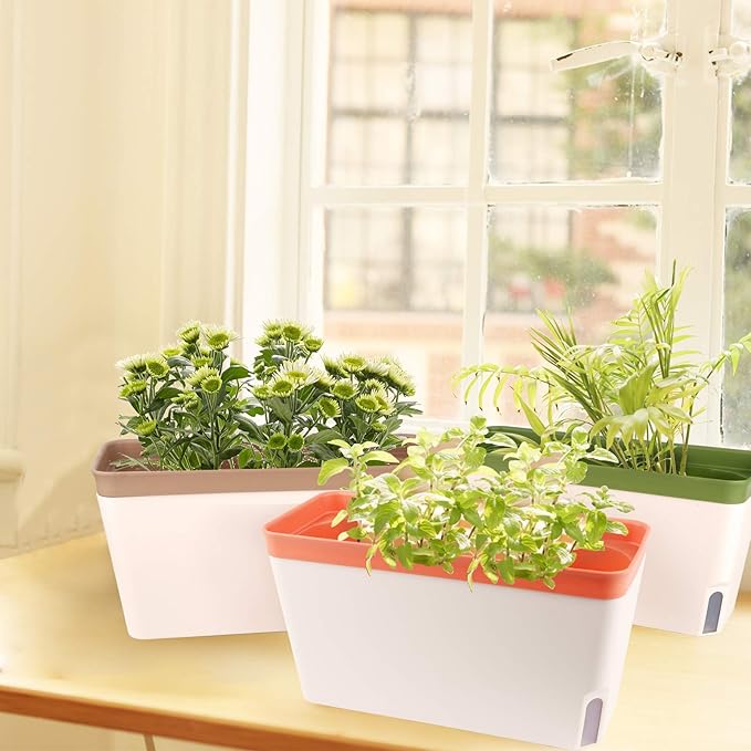 OurWarm Windowsill Herb Planter Box Indoor Set of 3, 10.5 Inch Self Watering Planter Pots with Visual Water Level Window, Modern Plastic Plant Pots for Herbs, Vegetables, Succulents Plants OurWarm