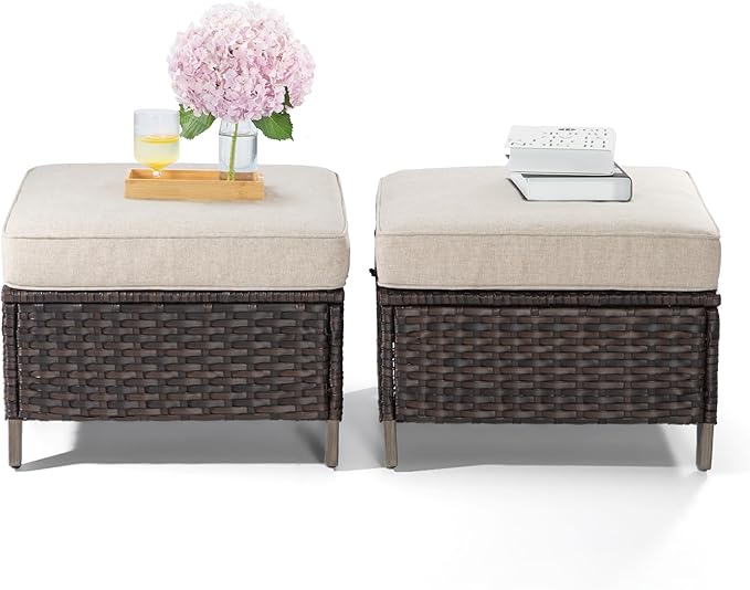 Joyside Patio Ottoman Set of 2, All Weather Outdoor Rattan Ottomans Patio Footstools with Removable Cushions for Garden Backyard Porch (Beige) Joyside