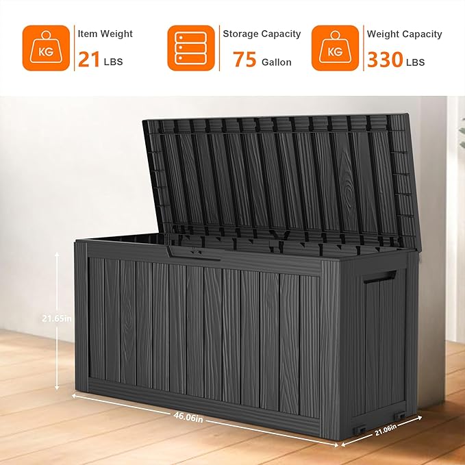 75 Gallon Resin Deck Box, Lockable Patio Outdoor Storage Box for Furniture, Garden Tools and Tools Storage, Waterproof Outside Storage Boxes - Black OutdoorLivingPerfected