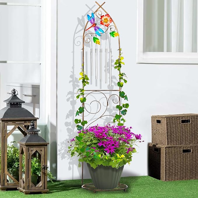 Garden Trellis with Plant Stands, 48” Metal Detachable Dragonfly Plant Pot Trellis with Wind Chimes for Climbing Plants Outdoor Lawn Patio Porches Decor SUNNYPARK