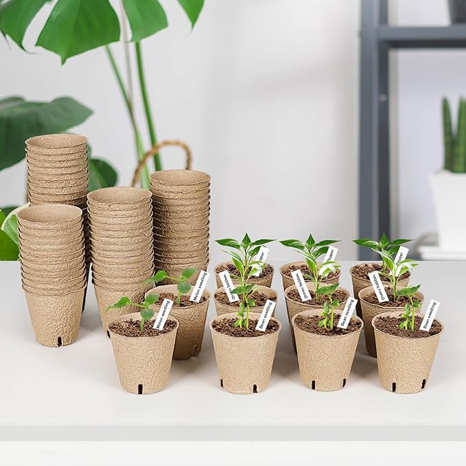 60 Packs 3.15 Inch Peat Pots,Biodegradable Pots for Seedlings with Drainage Holes, Garden Germination Nursery Pots with 50Pcs Plant Labels JNYONG