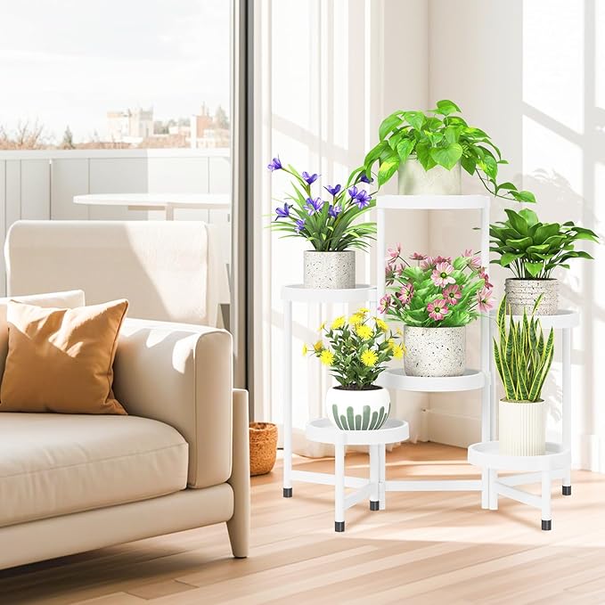 iDavosic.ly 6 Tier Folding Plant Stand Indoor Outdoor with Plastic Tray, Tiered Corner Flower Holder Shelf, Metal Orchid Display Rack for Patio Porch Living Room Garden Balcony, White iDavosicly