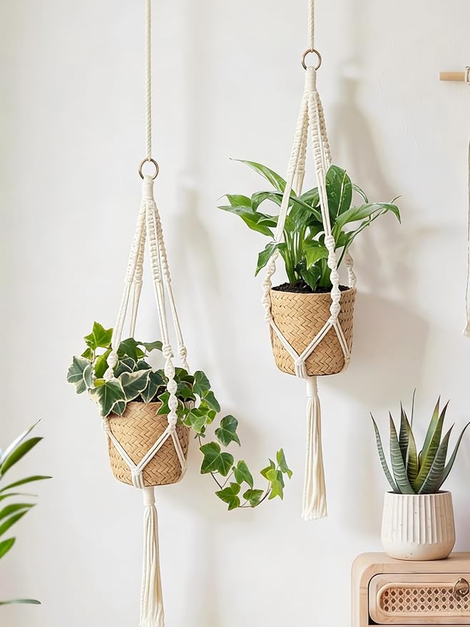 Bamworld Macrame Plant Hanger Indoor Hanging Planter for Plants Hanging Plant Basket Macrame Wall Hanging Planters Boho Decor Home Room Decor Aesthetic 36 Inches Ivory, Set of 2 Bamworld