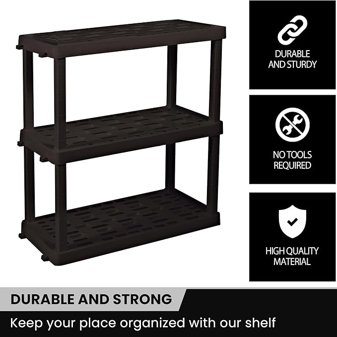Oskar Heavy Duty Plastic Storage Shelves- for Garage, Kitchen, Bathroom Basement Kids Room, Stackable 3-Tier Black Organizer Rack for Books Shoes, Toys, Pantry, Cleaning and Closet Organization Koolatron
